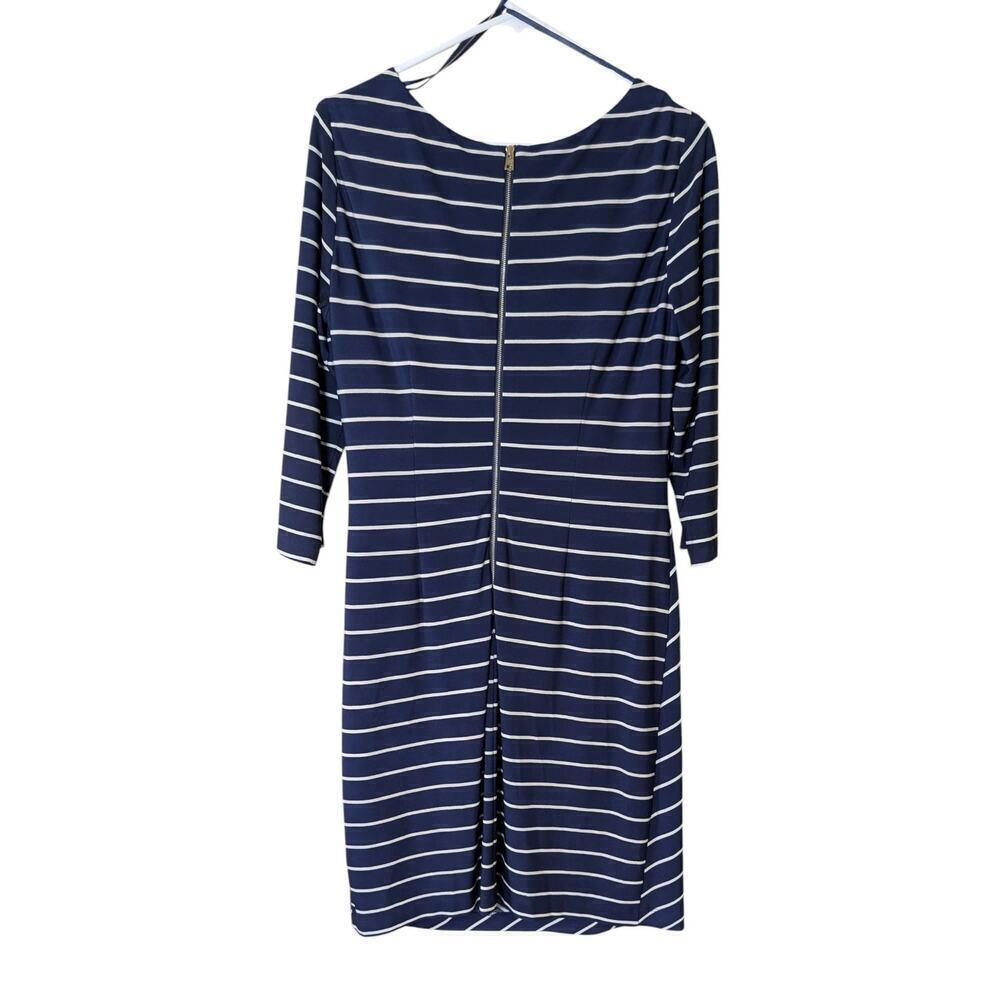 Jessica Howard Stretch Ruched Hip Sheath Dress Navy/White Stripes Size 12P - Picture 2 of 8